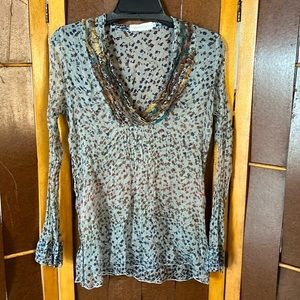 Johnny Was For Love and Liberty line. Print chiffon blouse with raw ruffles.